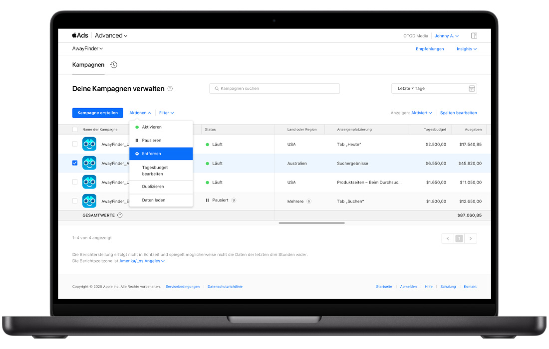 Das Kampagnen-Dashboard in Apple Ads mit einer Liste von vier Kampagnen für die Beispiel-App „TripTrek“. Das Markierungsfeld neben einer Kampagne ist ausgewählt und das Menü „Aktionen“ ist geöffnet. „Entfernen“ ist im Menü „Aktionen“ hervorgehoben.