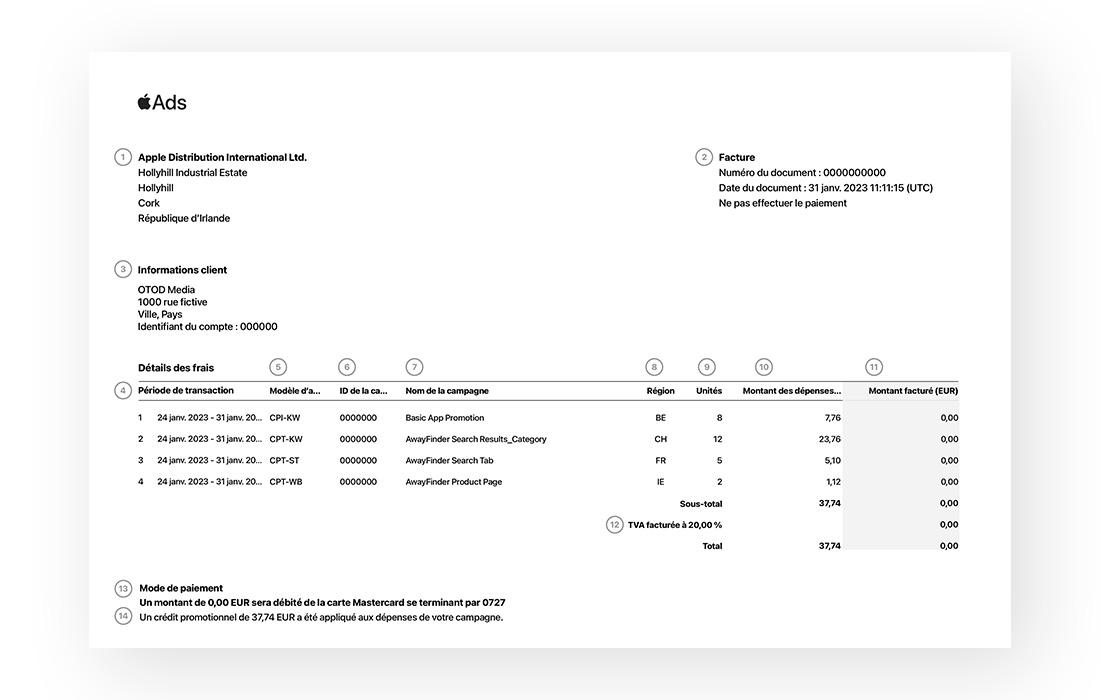 Exemple de facture Apple Ads avec des numéros correspondant à des éléments de la facture. La partie supérieure de la facture indique l’entité de facturation, les informations du client et les détails de la facture. En dessous se trouve le détail des frais. Le bas de la page indique le mode de paiement et les éventuels crédits promotionnels.