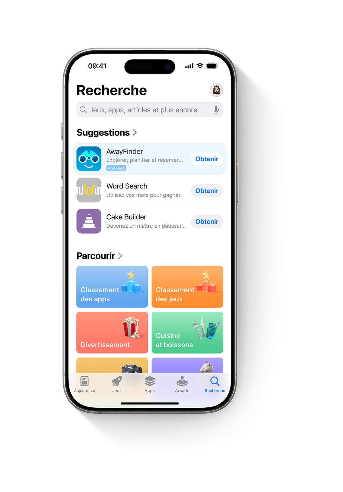 Un iPhone avec l’App Store ouvert et une annonce de l’app fictive AwayFinder apparaissant dans l’onglet Rechercher en haut de la liste des apps suggérées.
