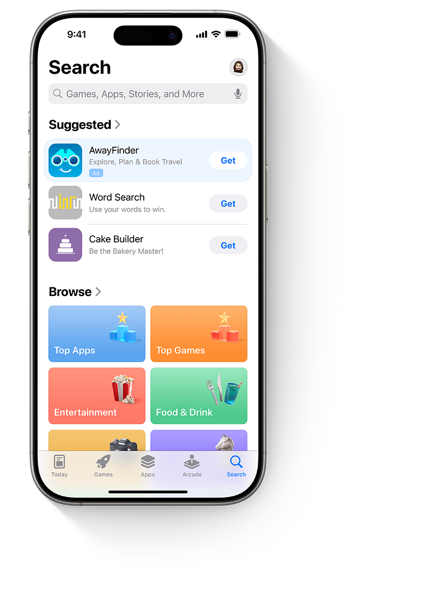 Four iPhones, each with a different ad for the example app, AwayFinder. The first iPhone shows an ad on the Today tab, the second shows an ad on the Search tab, the third shows an ad at the top of search results, and the fourth shows an ad at the bottom of a product page.