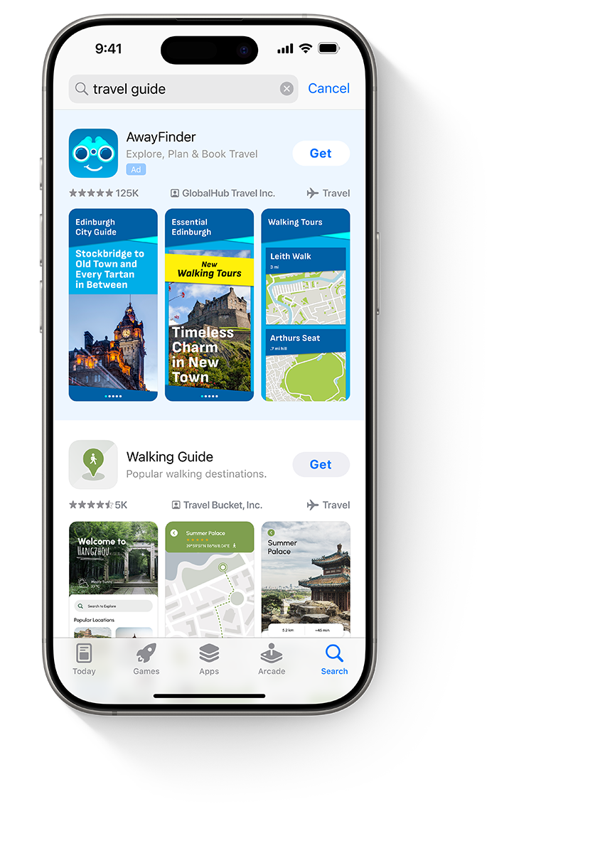 Four iPhones, each with a different ad for the example app, AwayFinder. The first iPhone shows an ad on the Today tab, the second shows an ad on the Search tab, the third shows an ad at the top of search results, and the fourth shows an ad at the bottom of a product page.