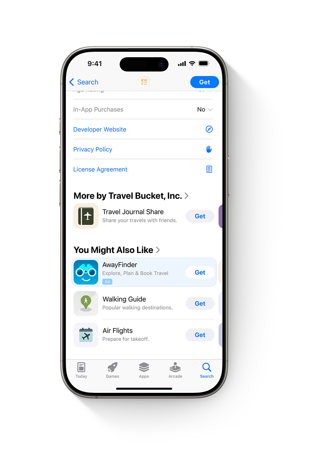 An iPhone with the App Store open. An ad for the example app, AwayFinder, appears at the bottom of an App Store product page, where users would see it if they scrolled down the page.