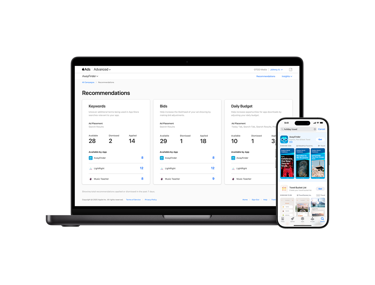 A MacBook showing the Recommendations page from an Apple Ads account. Next to it is an iPhone showing an ad for the example travel app, AwayFinder, at the top of App Store search results.