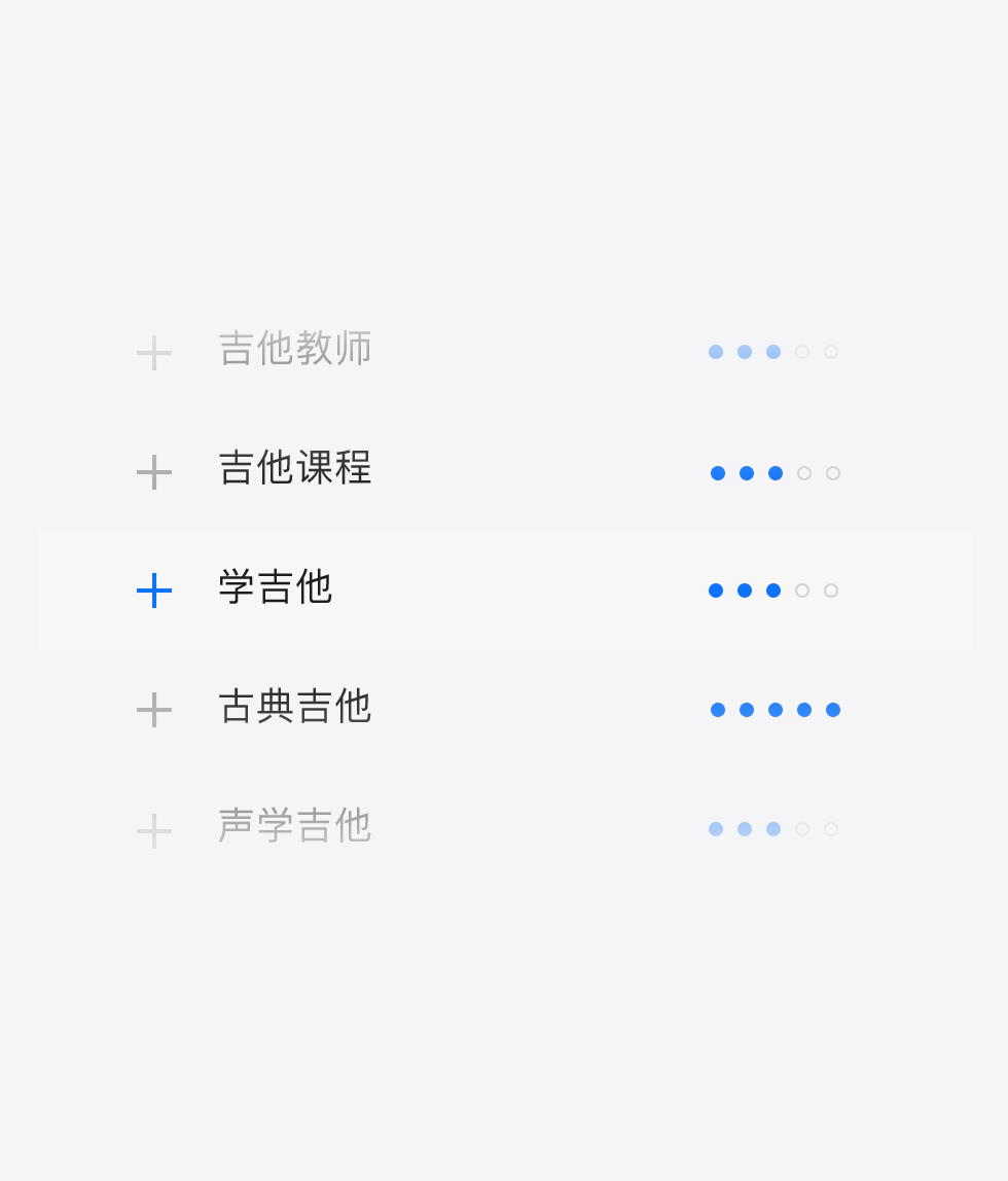 与音乐相关的建议关键词列表。建议的关键词左侧有加号,右侧有五个圆圈。填充了颜色的圆圈越多,相应关键词的热度排名就越高。